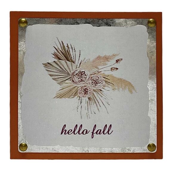 hello fall tabletop sign square home office decor autumn cozy vibes NWT cute new - Picture 1 of 4